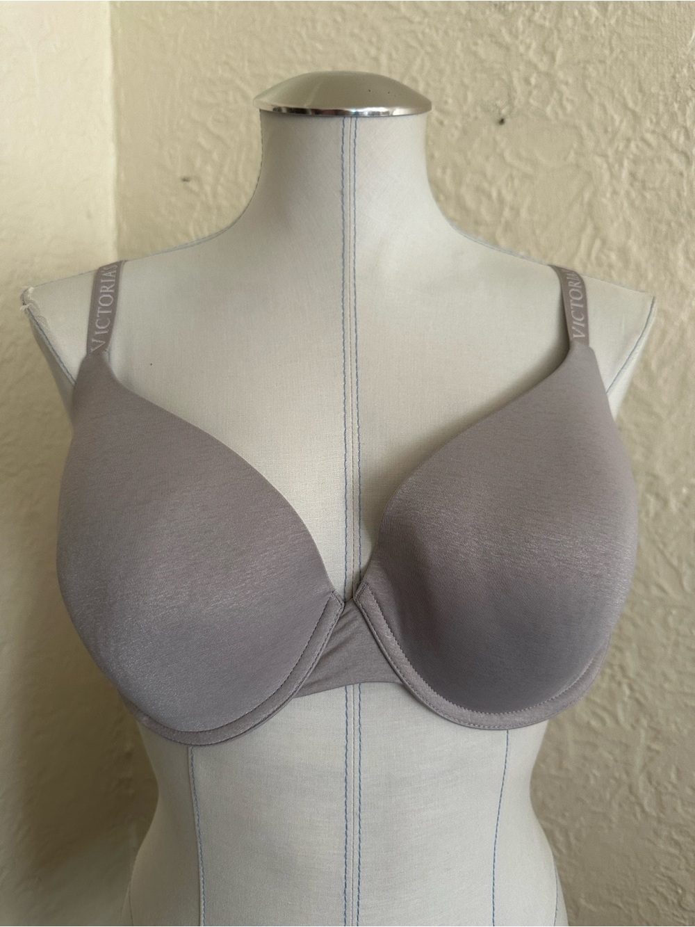 Victoria’s Secret Gray T-Shirt Lightly Lined Demi Logo Straps Bra 36DD